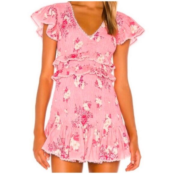 LoveShackFancy Dresses & Skirts - LoveShackFancy Sonora Raspberry Floral Rouched Mini Dress, size M, NWT